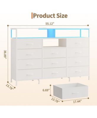 Dresser for Bedroom with 11 Drawers Featuring LED Light and Power Outlet, Fabric Dressers & Chest of Drawers with Open Shelves for Hallway