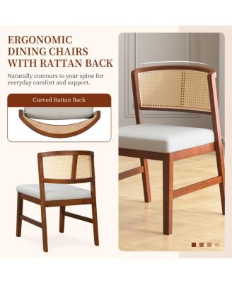 Rattan Dining Chairs (Set of 2) - Upholstered, Curved Back, Hardwood Frame