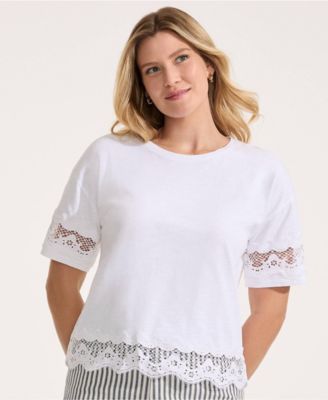 Petite Short Sleeve Slub Jersey Cutwork T-Shirt
