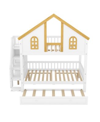 Streamdale Full Size Wooden House Roof Bunk Bed with Storage Staircase