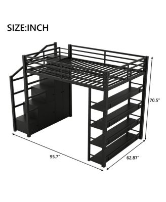  Queen Size Metal Loft Bed with Storage Shelves, Cabinets and Wardrobe