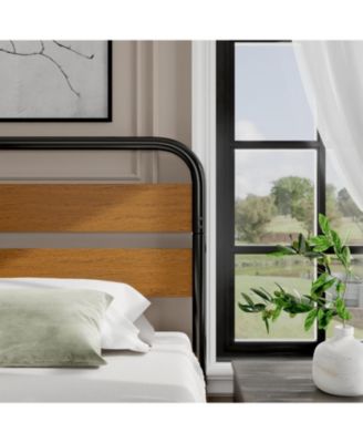 King Bed Frame with Wood Headboard, Mid-Century Modern Bed Frame, Metal Platform Bed Frame/No Box Spring Needed/Noise-Free