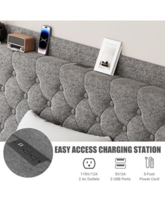 King Size Platform Bed Frame with Storage Headboard & USB Charging Station | Button Tufted Upholstery, Noise-Free Design