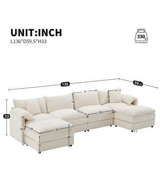 136" Chenille Modular Sectional Sofa with Deep Seat & Movable Ottoman