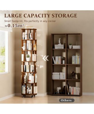 Rotating 6-Tier Walnut Bookshelf with Wheels for Space-Efficient Storage