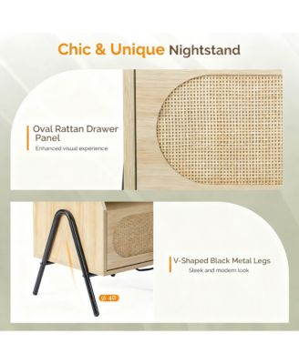 Rattan Nightstand with Charging Station and Storage