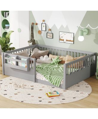 Streamdale Full Floor Bed with Fence and Bookshelf, Wood Kids Floor Bed, Gray.