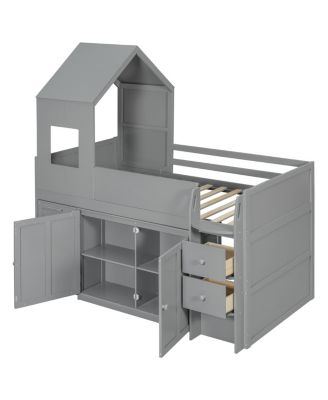 Twin Size Wooden Loft Bed with Desk, Drawers,Cabinets