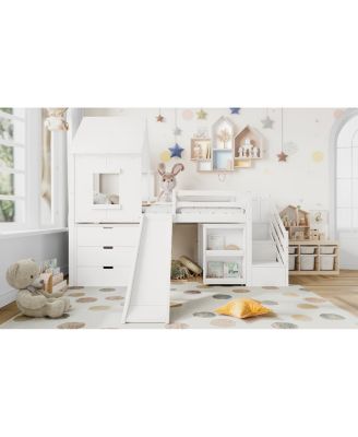 Streamdale Twin Loft Bed with Storage, Desk, Slide & Stairs, White