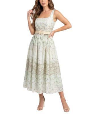 Women's Floral Belted Square Neck A-Line Dress