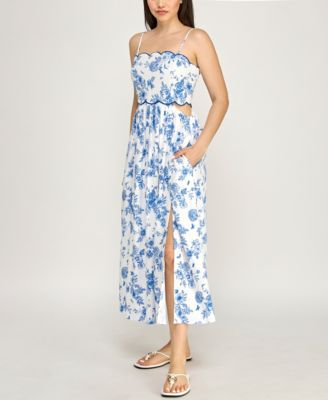 Juniors' Sleeveless Scallop Trim Slim Midi Dress