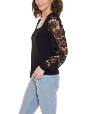 Women's Crochet Lace Blouson Sleeve Sweater