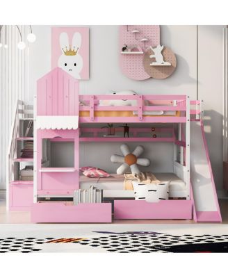 Full-Over-Full Castle Bunk Bed w/ Drawers, Shelves & Slide