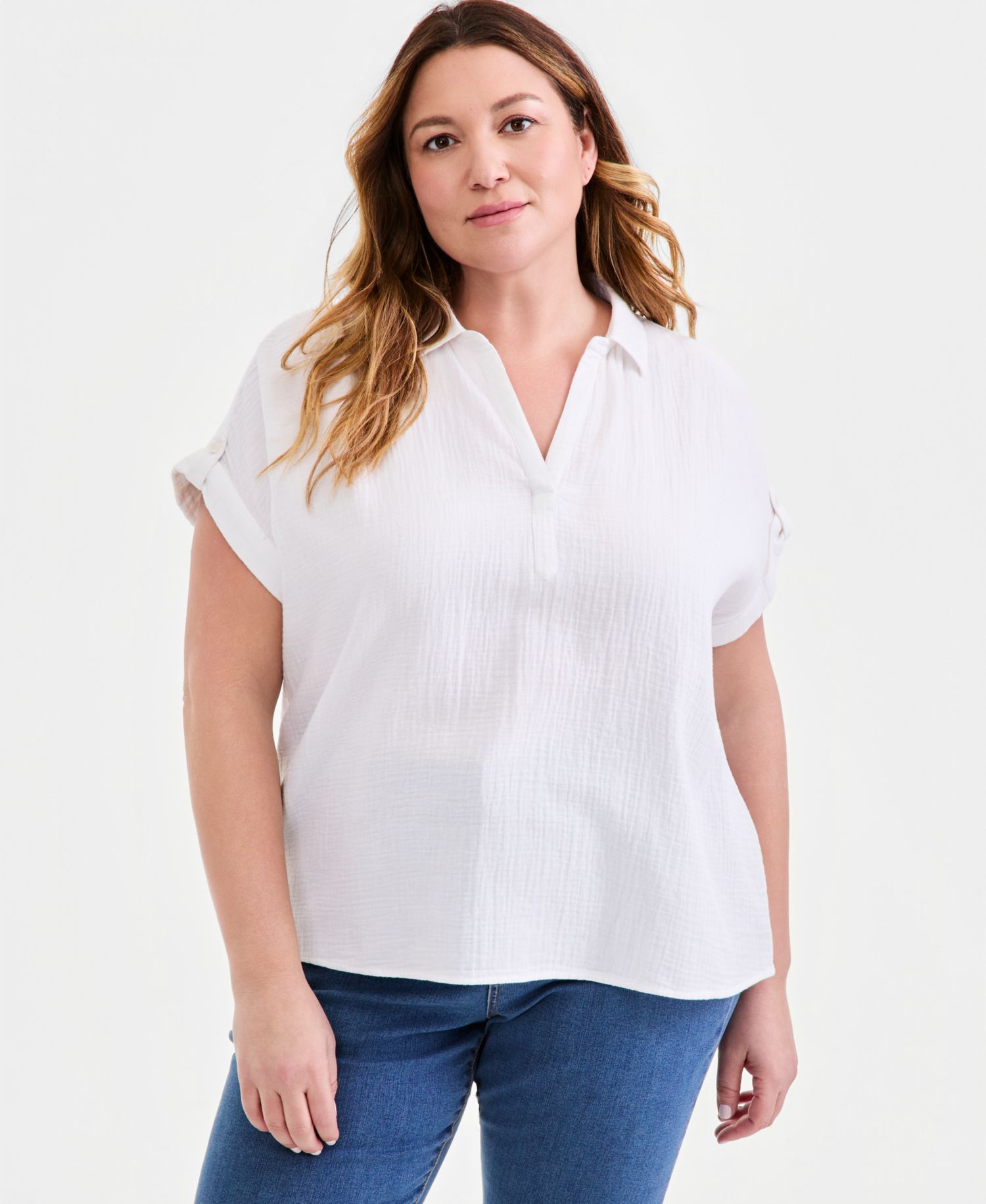 Plus Size Cotton Gauze Collared Popover Top