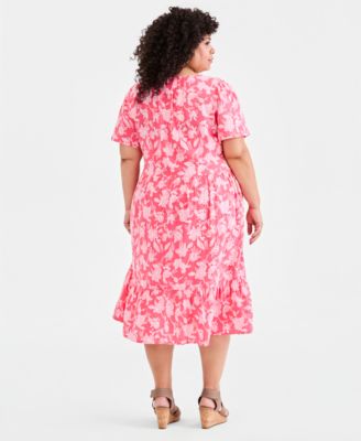 Plus Size Printed Flutter-Sleeve Cotton Dress