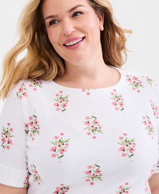 Plus Size Printed Boat-Neck Elbow Sleeve Cotton Top