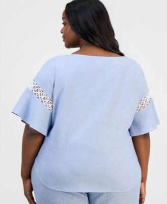 Plus Size Lace-Trim Flutter-Sleeve Top