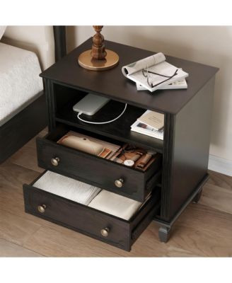 Wood Grain Nightstand with Charging Hub - 26" Tall, 2 Drawers, Open Shelf