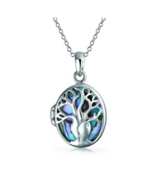 Keepsake Abalone or Mother Of Pearl Shell Oval Tree Of Life Locket Holds Photos Pendant Necklace Sterling Silver