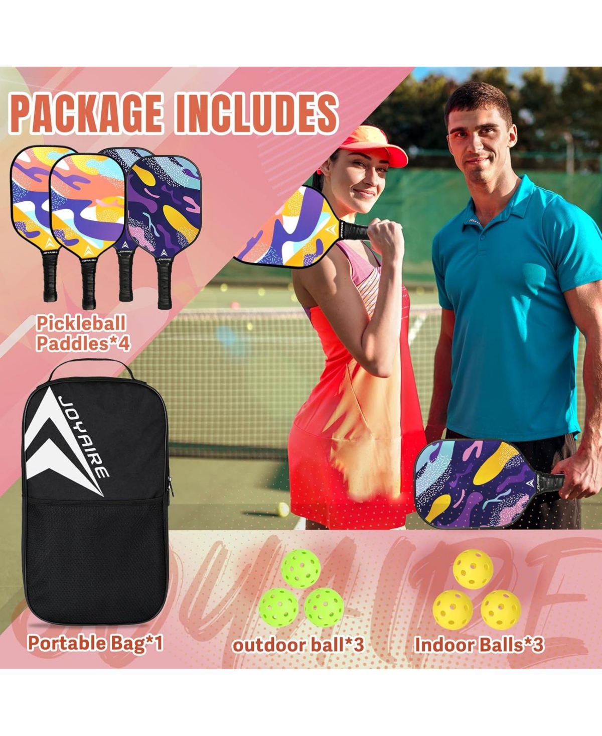 Joyaire Pickleball Paddles Set of 4 Usapa Approved Carbon Fiber, 7.5OZ Lightweight Honeycomb Core, 4 Pickleball, Portable Bag for Beginners