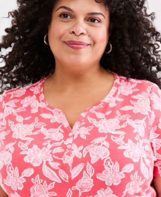 Plus Size Printed Short-Sleeve Henley Top