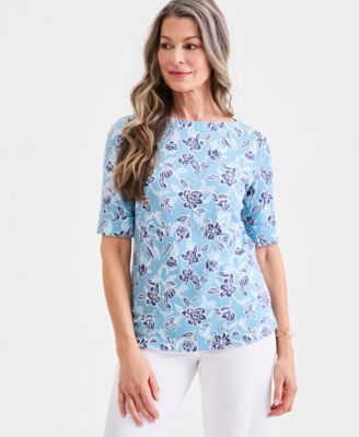 Women's Printed Boat-Neck Elbow-Sleeve Top