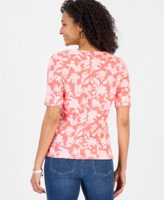 Women's Printed Boat-Neck Elbow-Sleeve Top