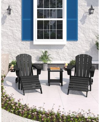 folding Adirondack chair with ottoman, HDPE outdoor patio chair with cup holder, all weather wood texture for patios and gardens.