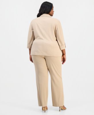 Plus Size 3/4-Sleeve One-Button Jacket & Straight-Leg Pull-On Pants