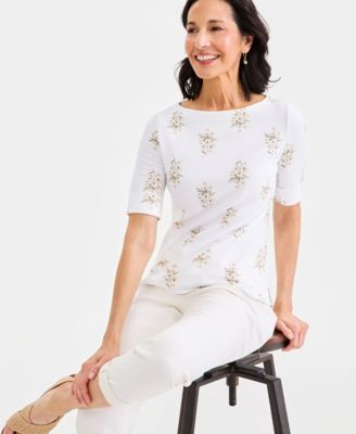 Women's Printed Boat-Neck Elbow-Sleeve Top