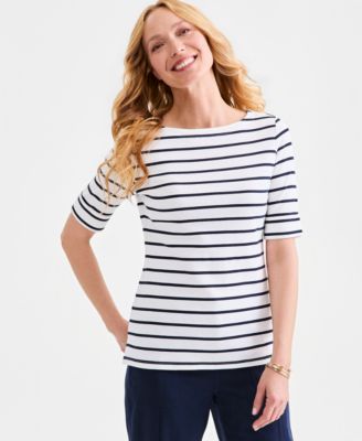 Women's Printed Boat-Neck Elbow-Sleeve Top