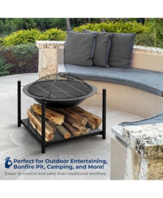 Outdoor Wood Fire Pit Steel BBQ Grill with Mesh Spark Screen, Log Grate, Poker & Cover