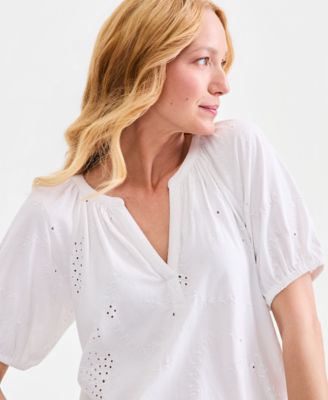 Women's Short-Sleeve Eyelet Knit Top