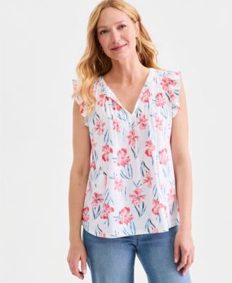 Women's Printed Pintuck Flutter Sleeve Top
