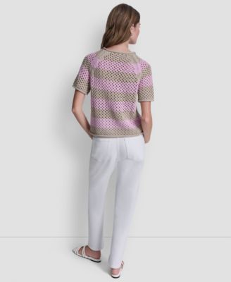 Women's Short-Sleeve Raglan Stripe Pointelle Pull-On Sweater