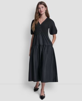 Women's Rib Henley Puff-Sleeve Midi Dress