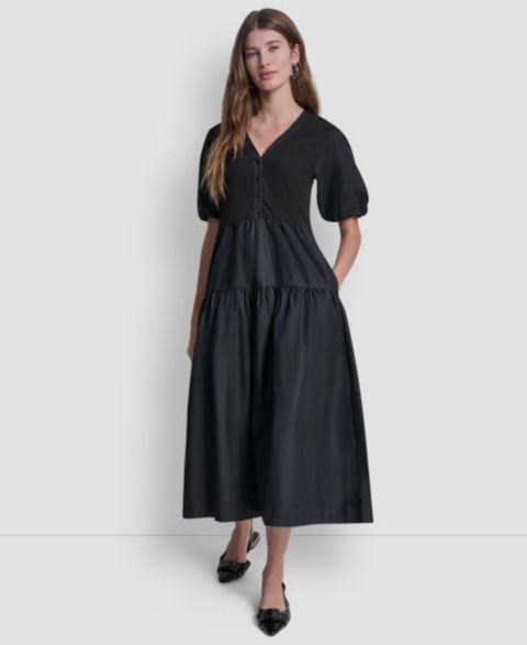 Женское платье DKNY Jeans Rib Henley Puff-Sleeve Midi, цвет: Чёрный