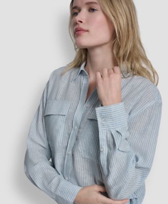 Women's Linen-Blend Cropped Long-Sleeve Shirt