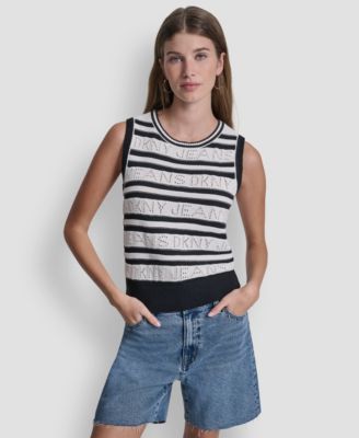 Women's Sleeveless Logo Pointelle Striped Sweater