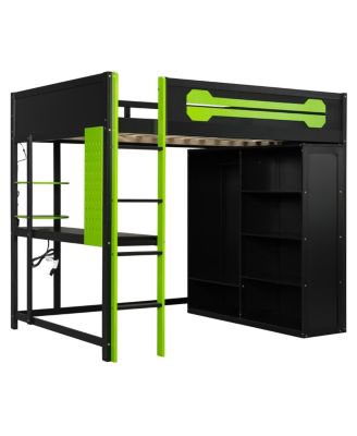 Full Size Wood Loft Bed with Desk, Open Wardrobe and RGB Light
