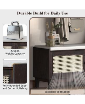 Rattan Shoe Storage Bench, Wooden Shoe Organizer with Cushion, 2 Doors, 2-Tier Shoe Rack and Adjustable Shelves for Entryway, Hallway