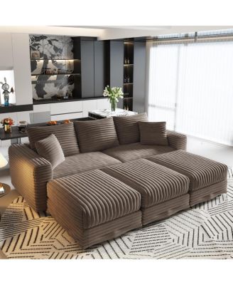 Plush Corduroy 3-Seat Sofa with Movable Ottoman