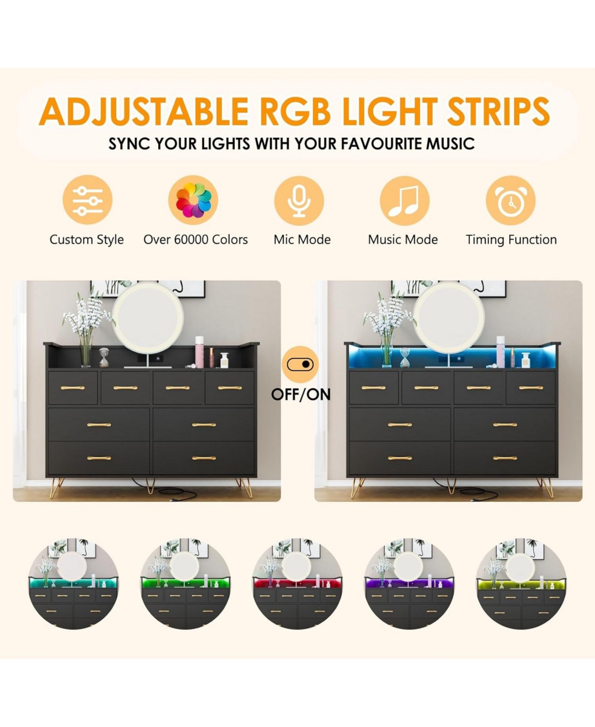 gaomon Dresser for Bedroom with Led Light & Charging Station, 8 Drawers Wooden Dressers with Open Space, Modern Chest of Wide Drawers