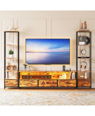 TV Entertainment Center with Storage, 5 Fabric Drawer, 2 Bookshelf, TV Console with Shelf for TVs