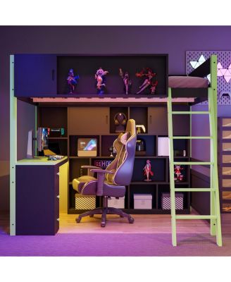  Full Size Wood Loft Bed with Desk, Ample Storage Space