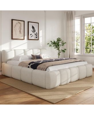 King Size Boucle Platform Bed with Thick Headboard and Footboard