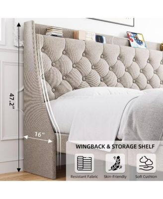 Size Bed Frame with Upholstered Wingback Headboard, Luxurious Linen Upholstery Platform Bed with Charging Station, Button Tufted Design