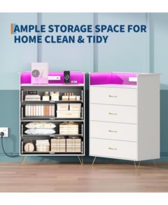 Tall 4-Drawer Dresser with RGB Lights & Charging Station, App Controlled Music Sync LED Dresser, Large Capacity Wooden Chest of Drawers