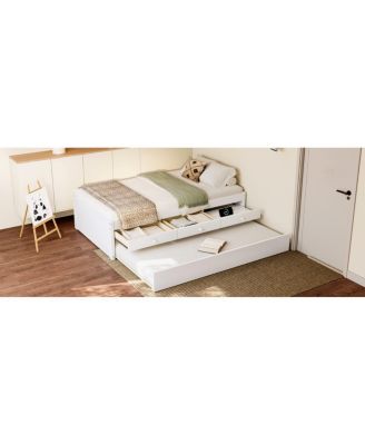 Twin Platform Bed with Trundle and 2 Drawers, Solid Wood