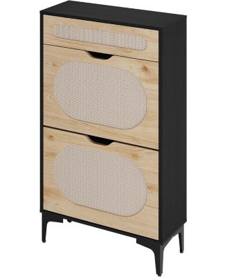 Rattan Shoe Cabinet with 2 Flip Drawers & 1 Pull-Out Drawer, Adjustable Shelf, Heavy Duty Metal Legs, Entryway Shoe Storage for Small Spaces